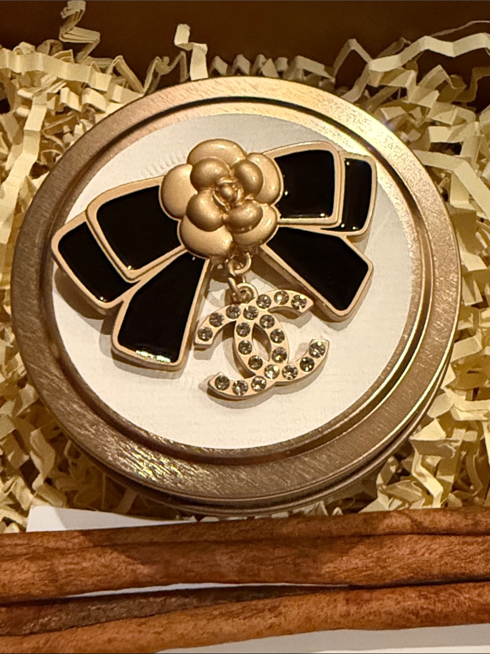 Black Enamel Bow Camellia Logo Brooch